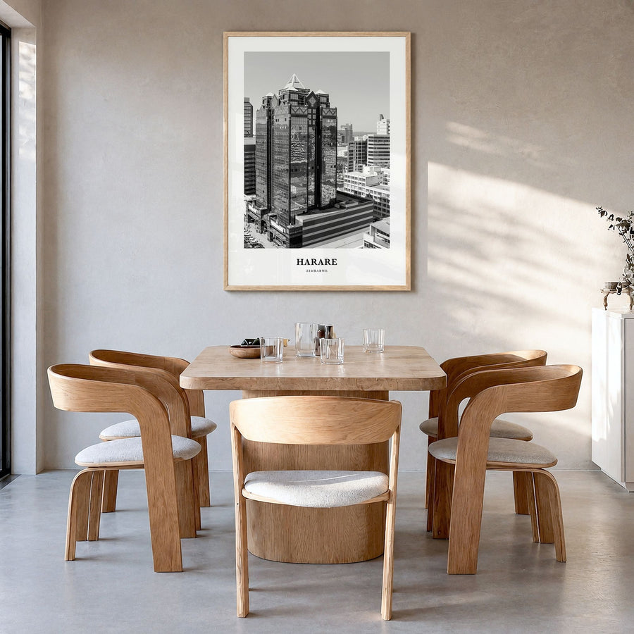 Harare Classic Poster in a natural wood frame, hanging in a dining room