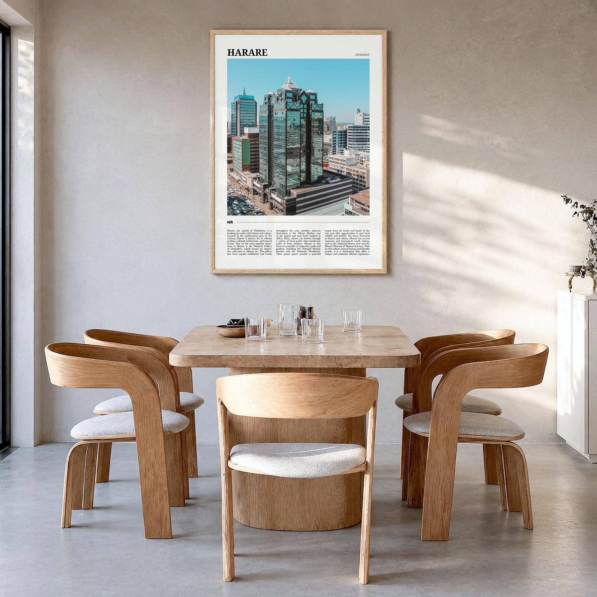 Harare Travel Poster in a natural wood frame, hanging in a dining room