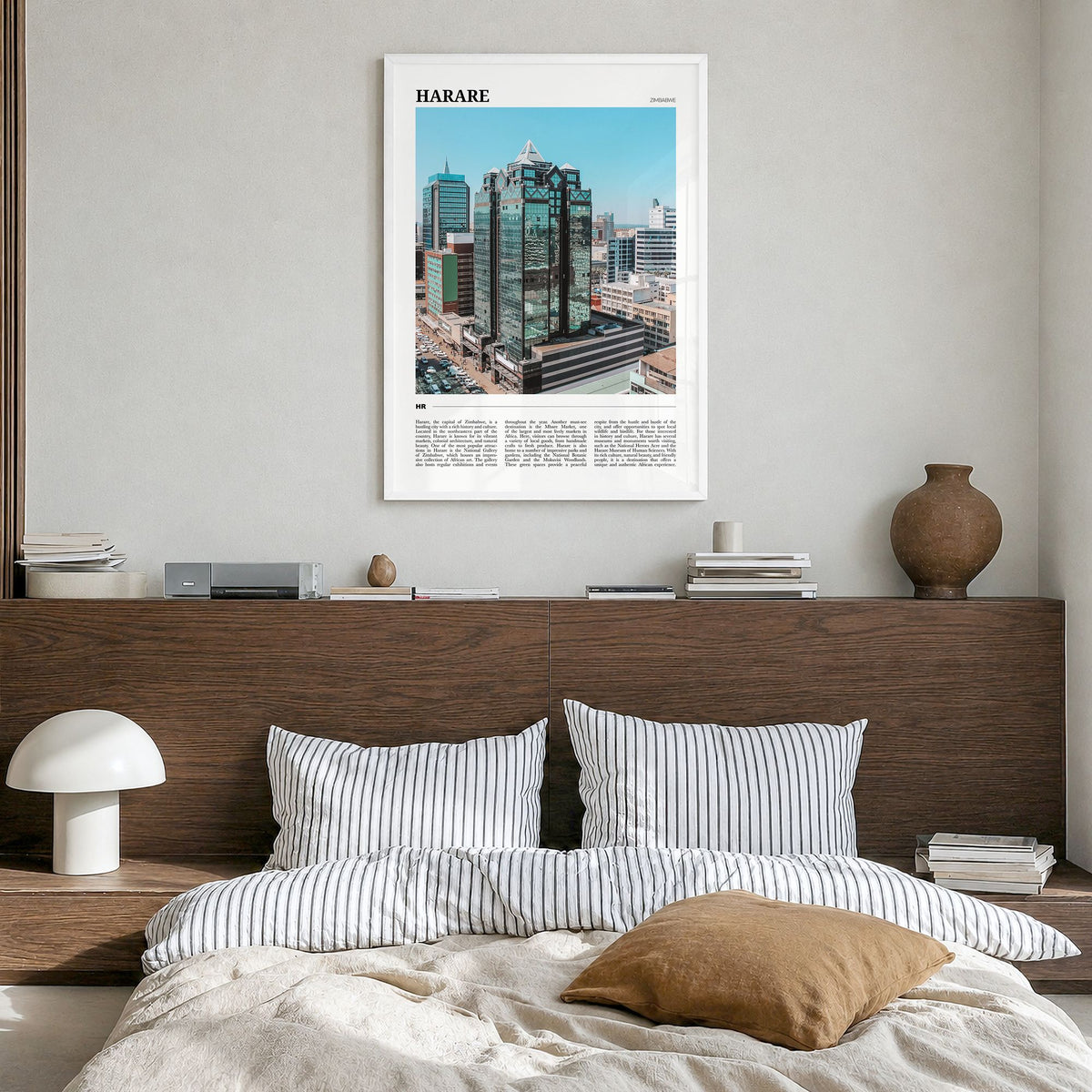 Harare Travel Poster in a white wood frame, hanging in a bedroom