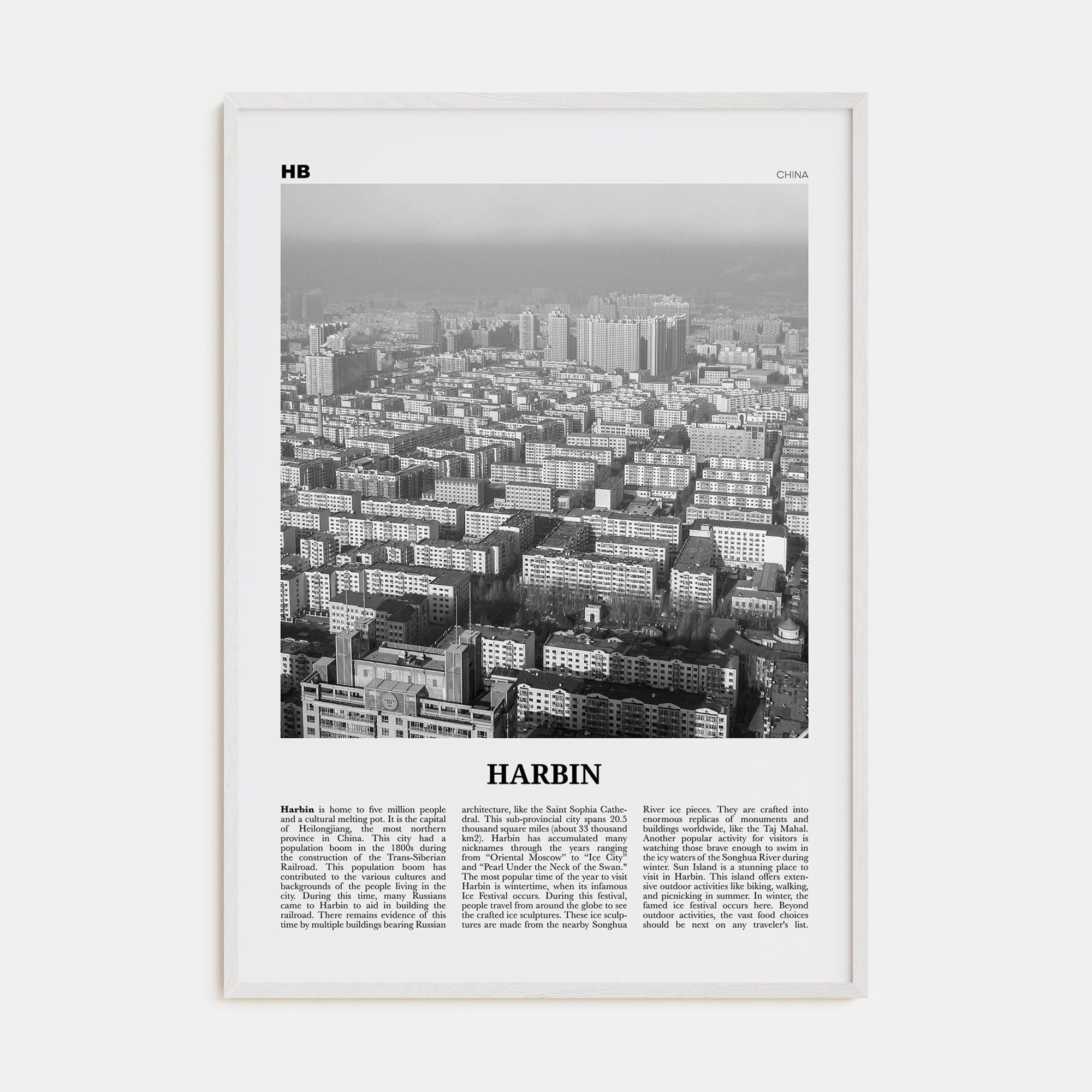 Harbin Poster White Wood / 8x12 in Nbourhood Travel B&W Poster