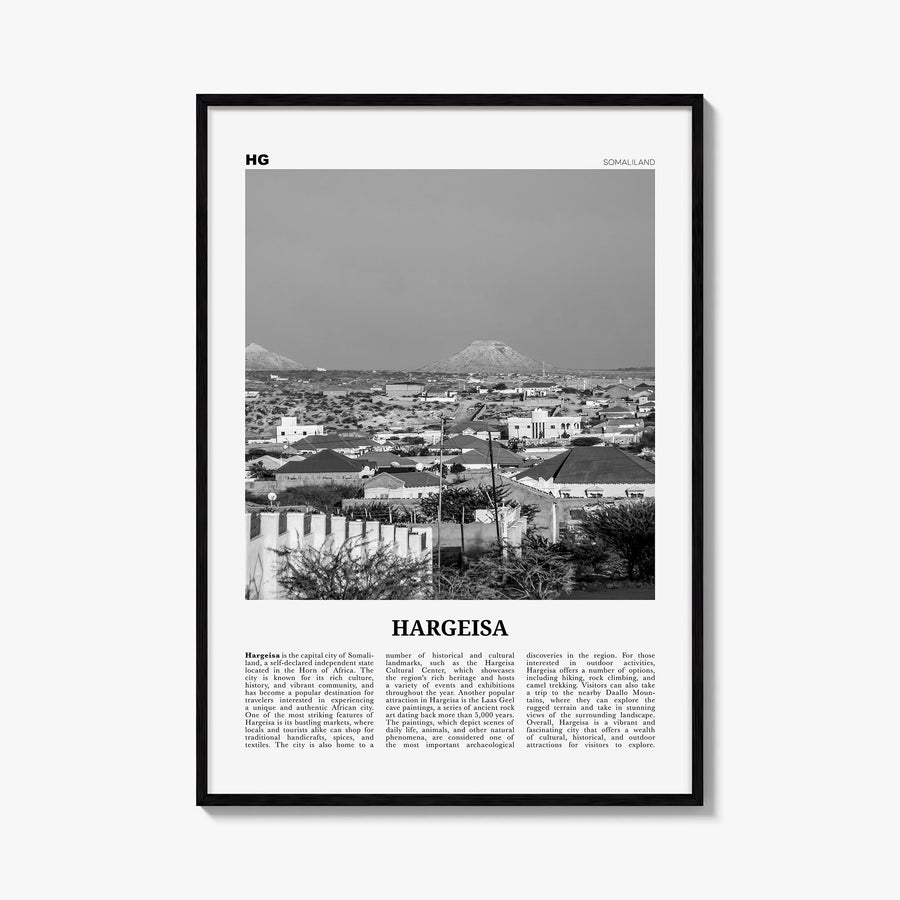 Hargeisa black & white newspaper poster of Somalia – vertical wall art, unframed print shown in interior mockup