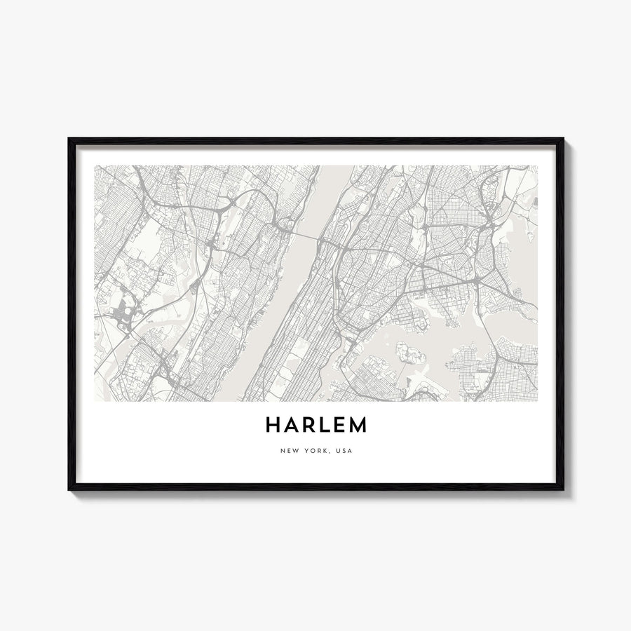 Harlem black & white map poster of Manhattan, New York City – horizontal wall art, unframed print shown in interior mockup