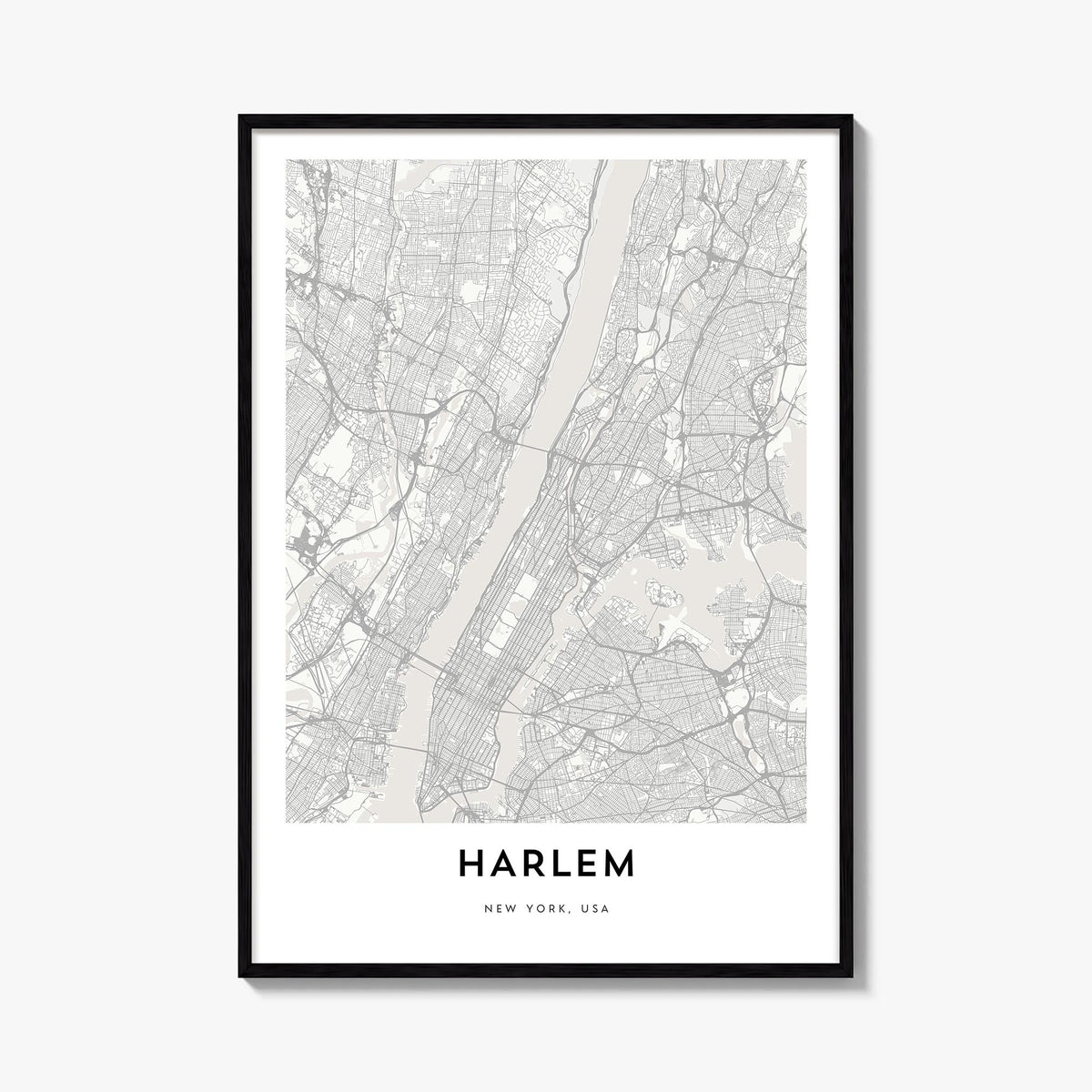 Harlem black & white map poster of Manhattan, New York City – vertical wall art, unframed print shown in interior mockup