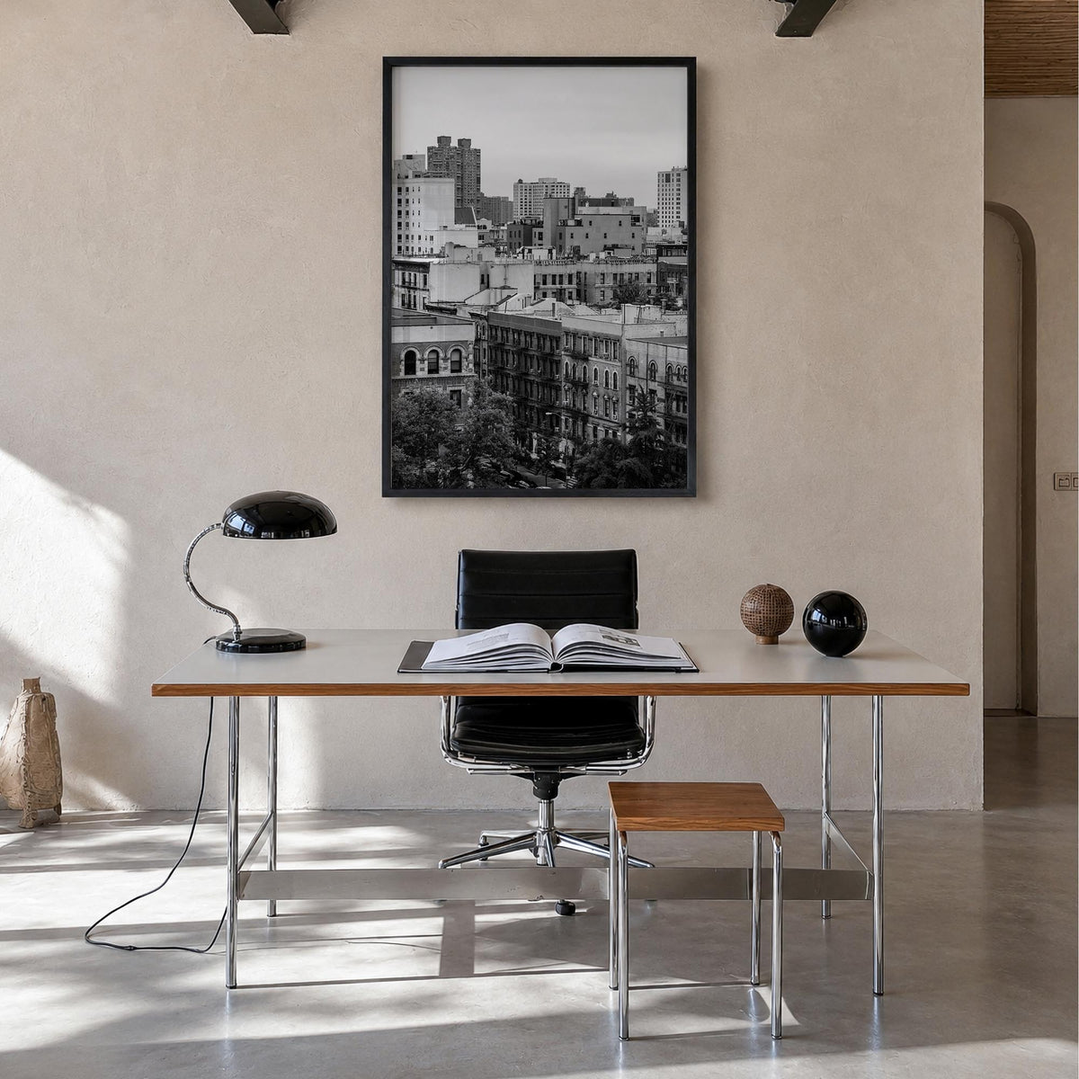 Harlem black & white photo poster of Manhattan, New York City – vertical wall art in black wood frame, hanging on wall