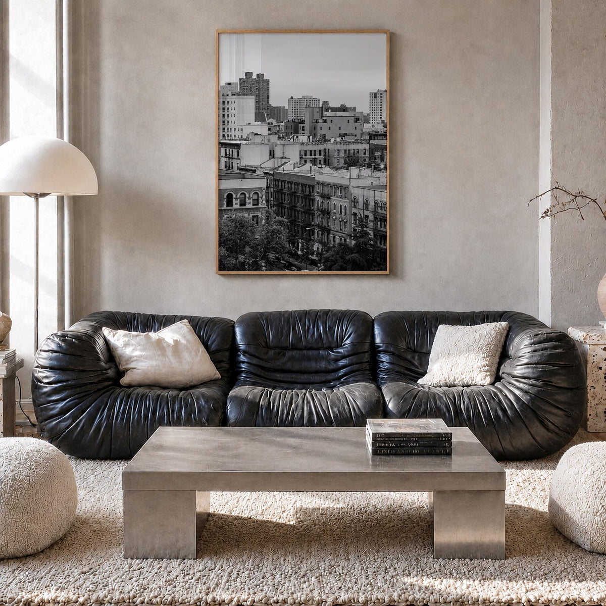 Harlem black & white photo poster of Manhattan, New York City – vertical wall art in natural wood frame, hanging on wall