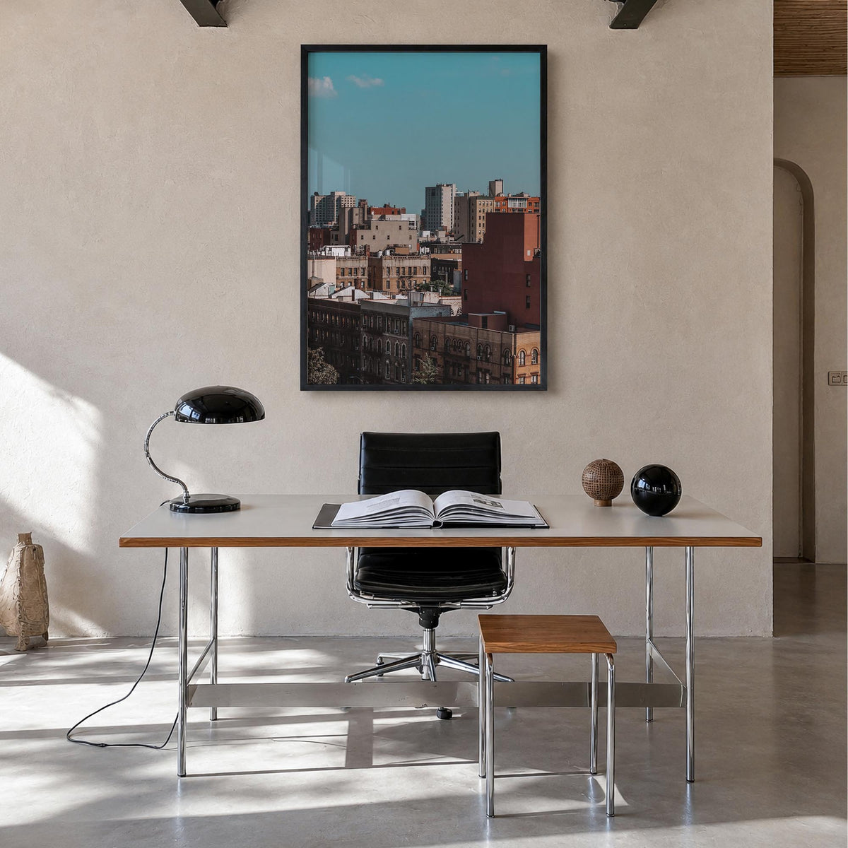 Harlem colorful photo poster of Manhattan, New York City – vertical wall art in black wood frame, hanging on wall