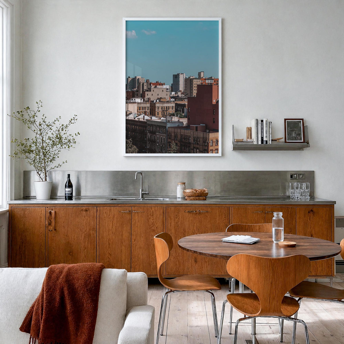 Harlem colorful photo poster of Manhattan, New York City – vertical wall art in white wood frame, hanging on wall