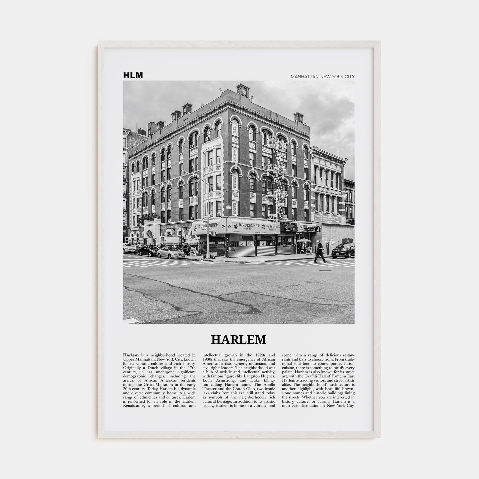 Harlem Poster White Wood / 8x12 in Nbourhood Travel B&W Poster