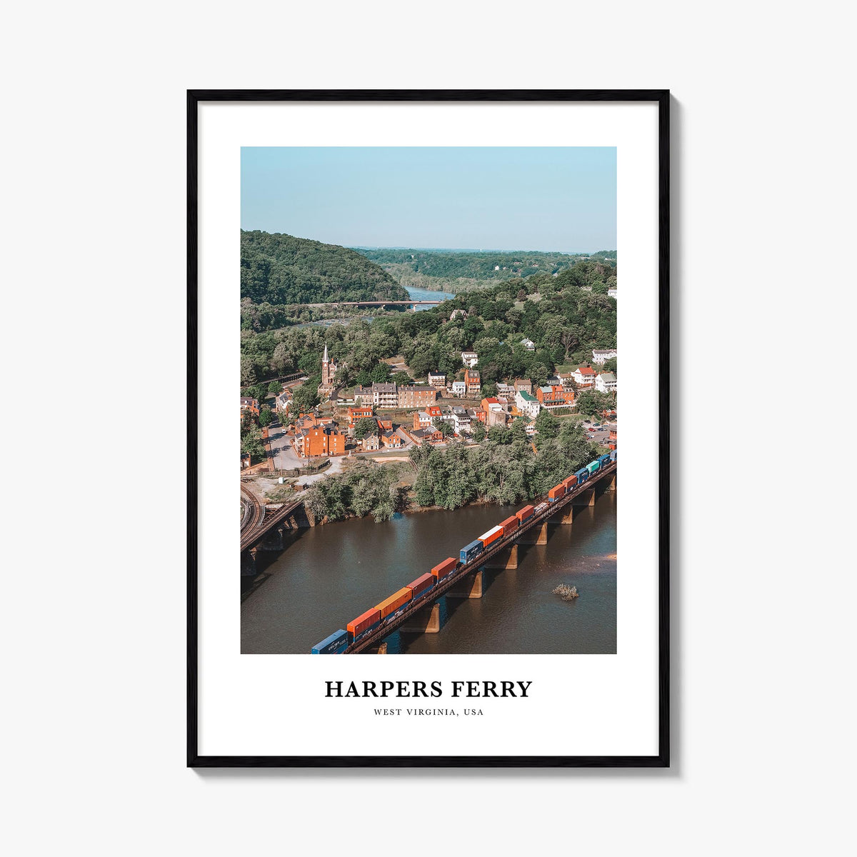 Harpers Ferry colorful classic poster of West Virginia, USA – vertical wall art, unframed print shown in interior mockup