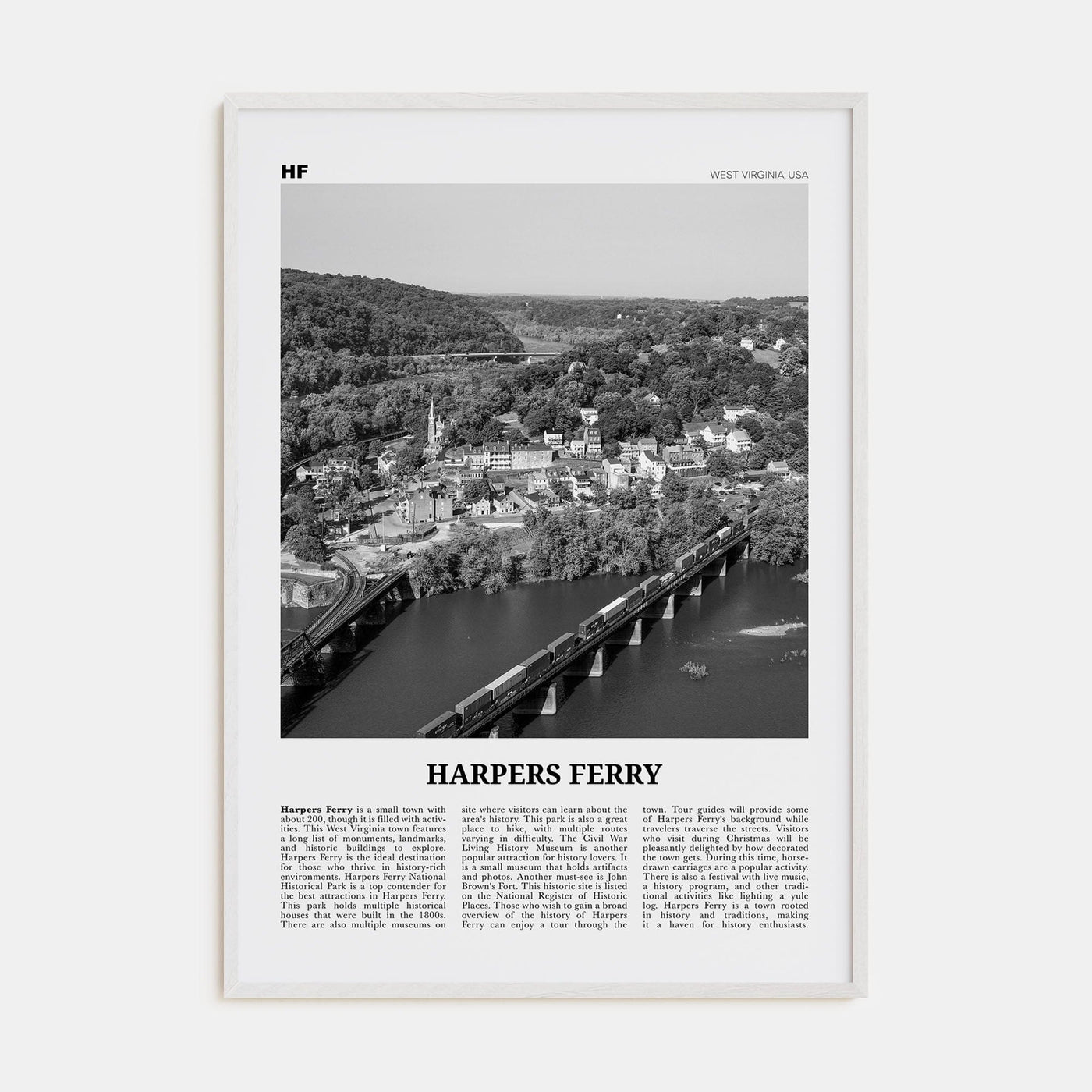 Harpers Ferry Poster White Wood / 8x12 in Nbourhood Travel B&W Poster