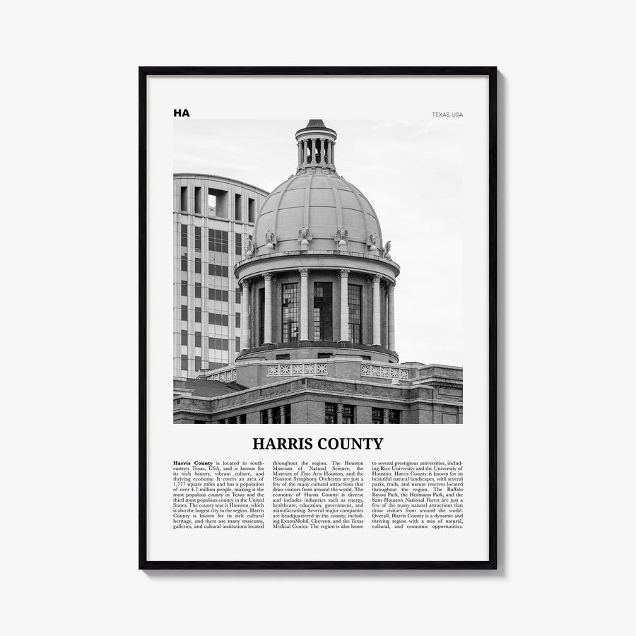 Harris County black & white newspaper poster of Texas, USA – vertical wall art, unframed print shown in interior mockup