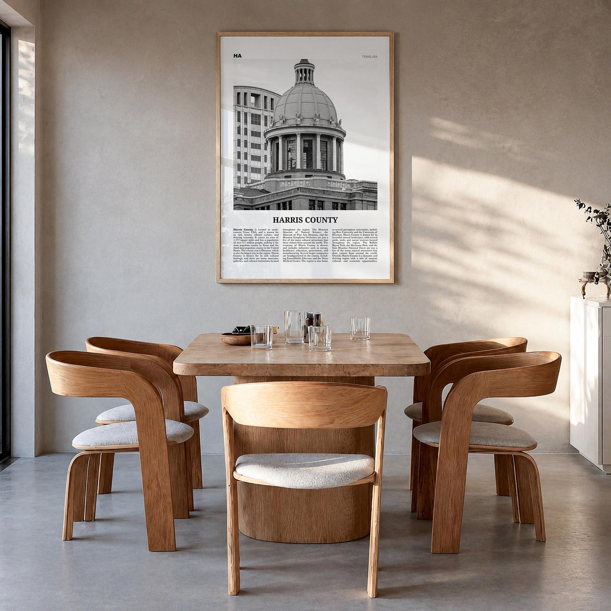 Harris County black & white newspaper poster of Texas, USA – vertical wall art in natural wood frame, hanging on wall