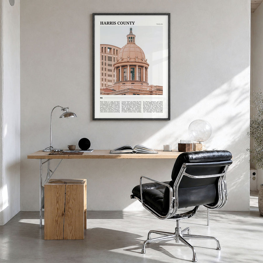 Harris County Travel Poster in a black wood frame, hanging in a bright home office