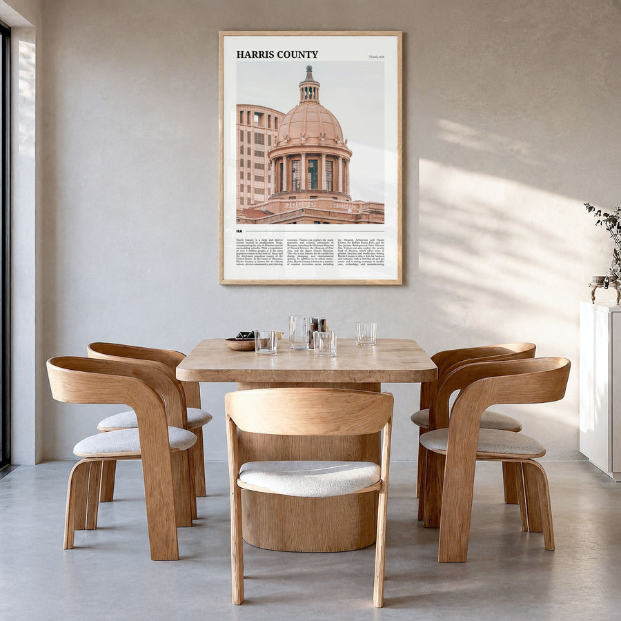 Harris County Travel Poster in a natural wood frame, hanging in a dining room