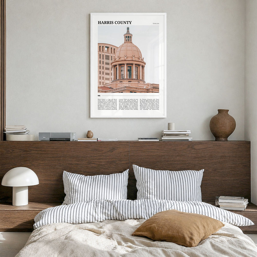 Harris County Travel Poster in a white wood frame, hanging in a bedroom