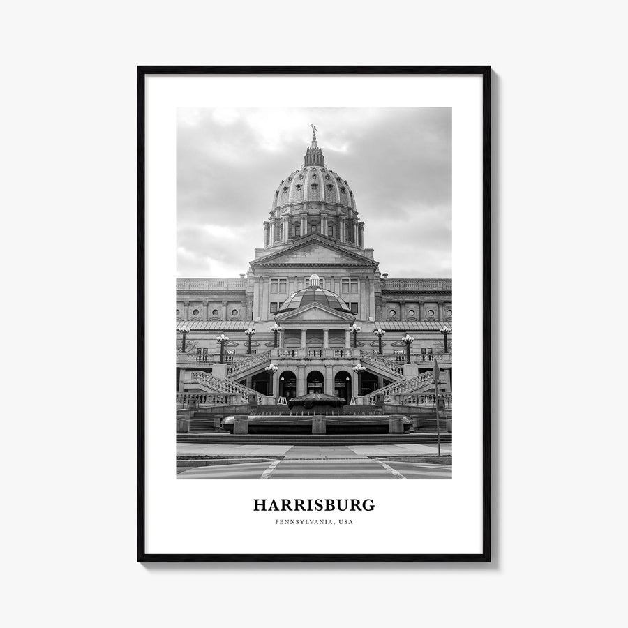 Harrisburg black & white classic poster of Pennsylvania, USA – vertical wall art, unframed print shown in interior mockup