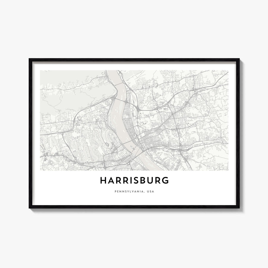 Harrisburg black & white map poster of Pennsylvania, USA – horizontal wall art, unframed print shown in interior mockup