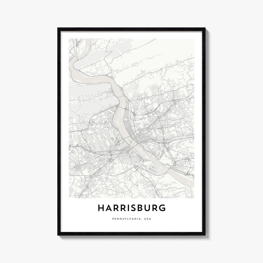 Harrisburg black & white map poster of Pennsylvania, USA – vertical wall art, unframed print shown in interior mockup