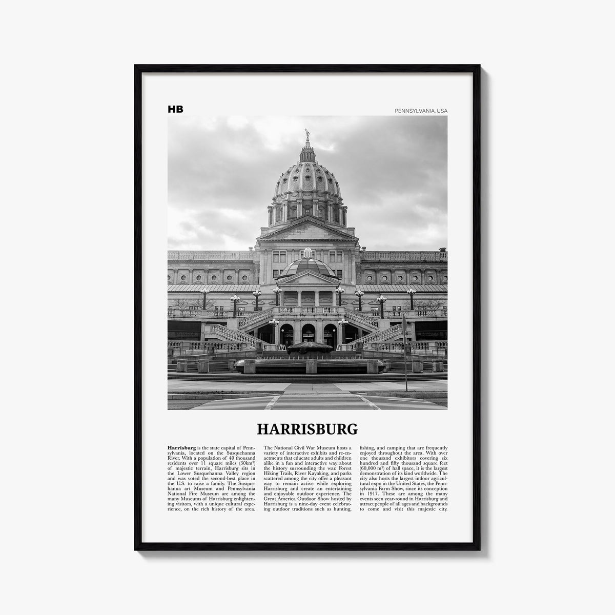 Harrisburg black & white newspaper poster of Pennsylvania, USA – vertical wall art, unframed print shown in interior mockup