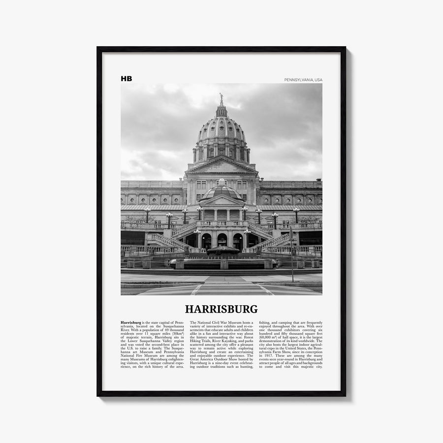 Harrisburg black & white newspaper poster of Pennsylvania, USA – vertical wall art, unframed print shown in interior mockup