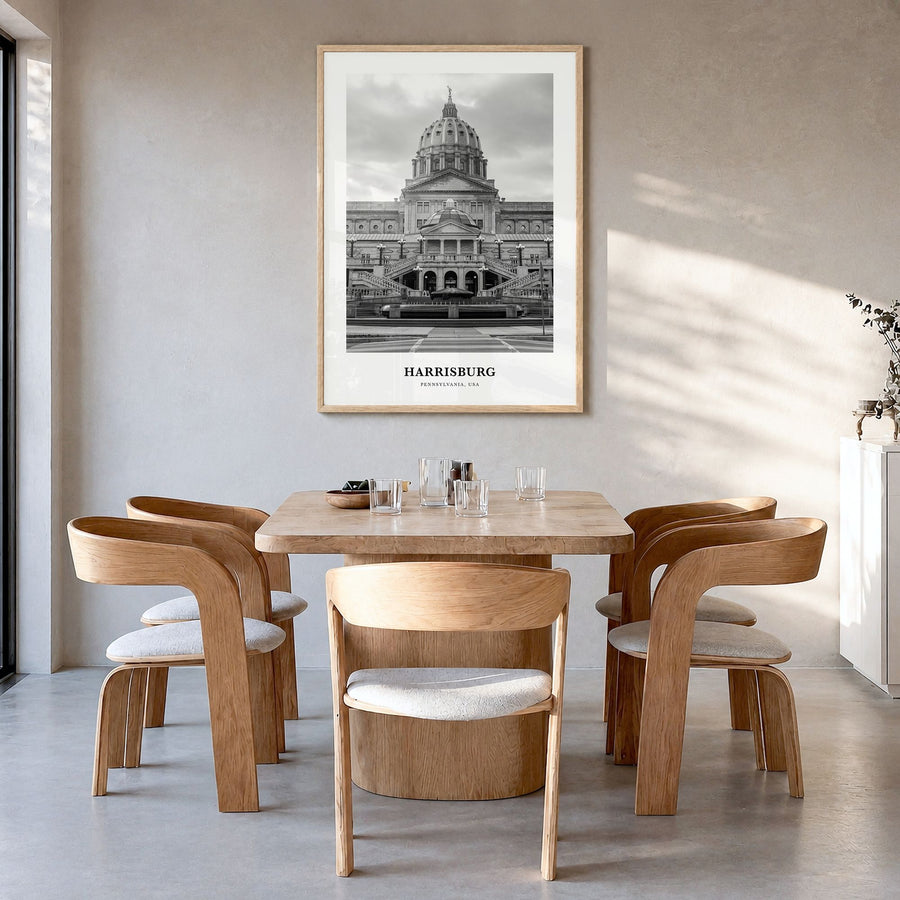 Harrisburg Classic Poster in a natural wood frame, hanging in a dining room