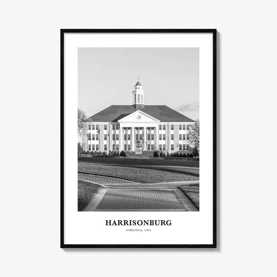 Harrisonburg black & white classic poster of Virginia, USA – vertical wall art, unframed print shown in interior mockup