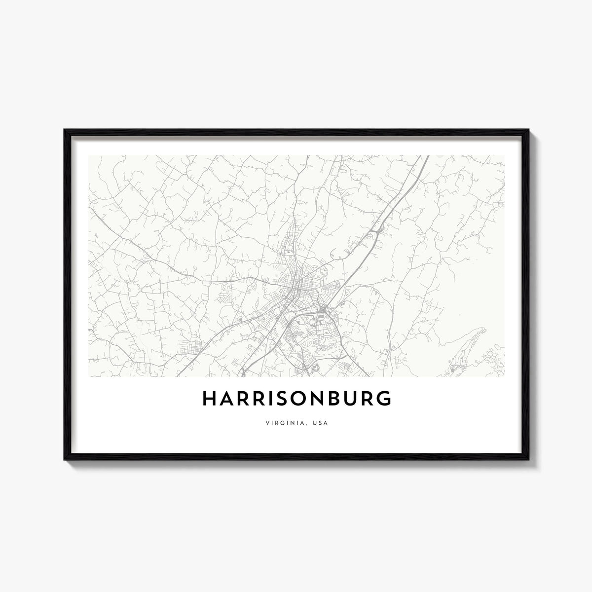 Harrisonburg black & white map poster of Virginia, USA – horizontal wall art, unframed print shown in interior mockup