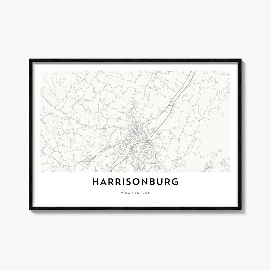 Harrisonburg black & white map poster of Virginia, USA – horizontal wall art, unframed print shown in interior mockup