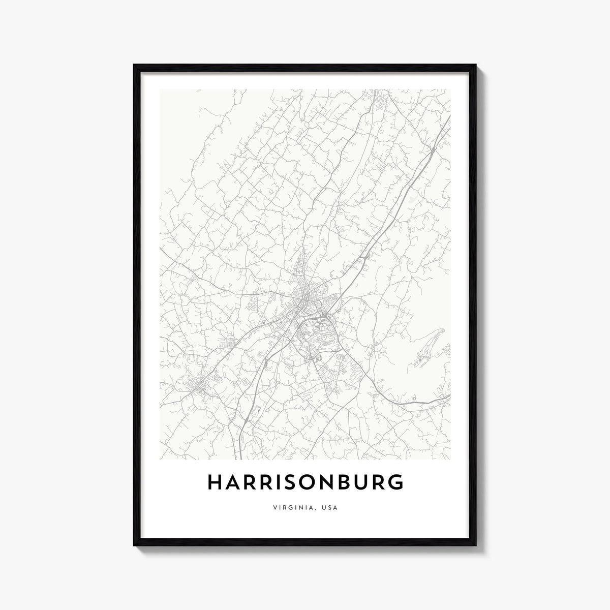 Harrisonburg black & white map poster of Virginia, USA – vertical wall art, unframed print shown in interior mockup