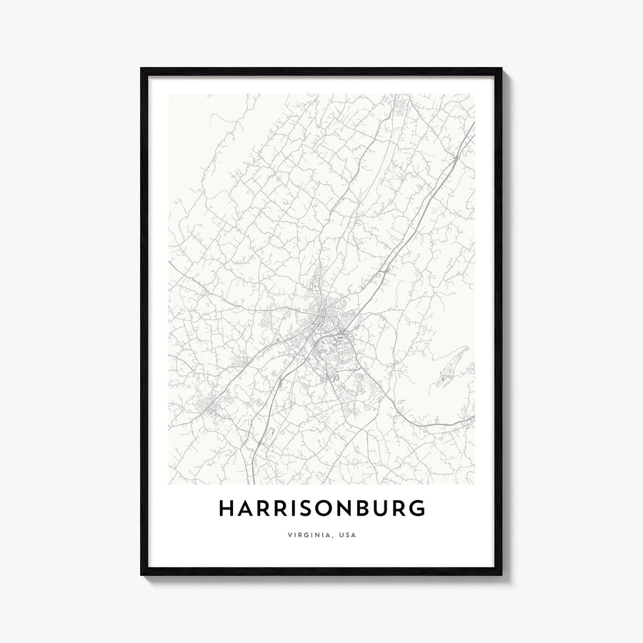Harrisonburg black & white map poster of Virginia, USA – vertical wall art, unframed print shown in interior mockup