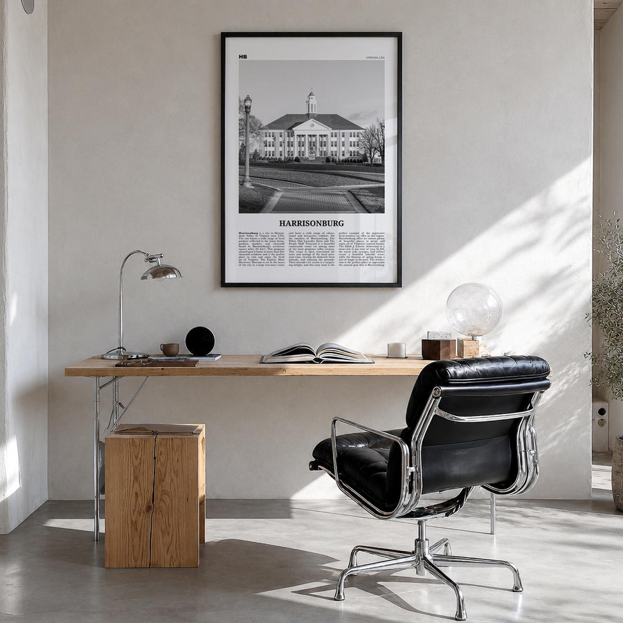 Harrisonburg black & white newspaper poster of Virginia, USA – vertical wall art in black wood frame, hanging on wall