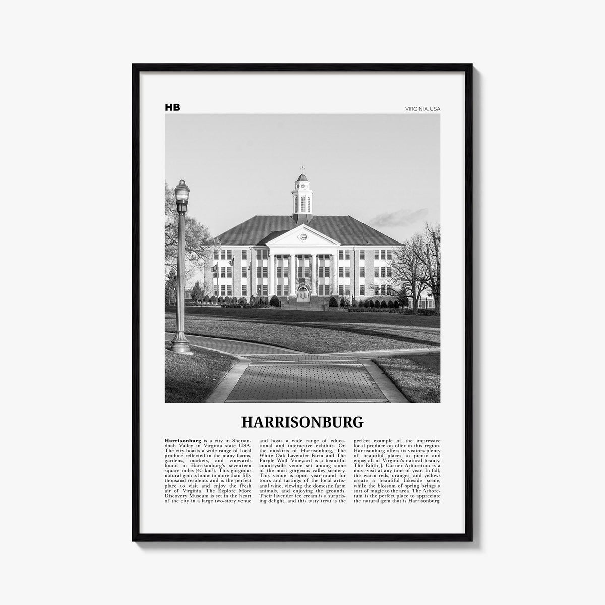 Harrisonburg black & white newspaper poster of Virginia, USA – vertical wall art, unframed print shown in interior mockup