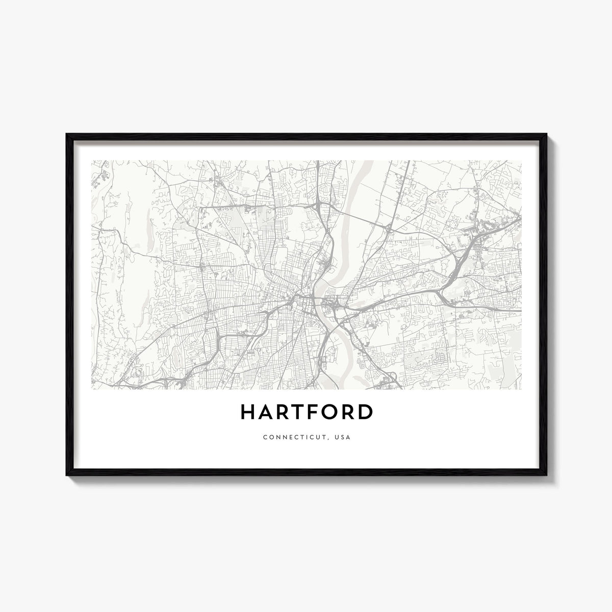 Hartford black & white map poster of Connecticut, USA – horizontal wall art, unframed print shown in interior mockup