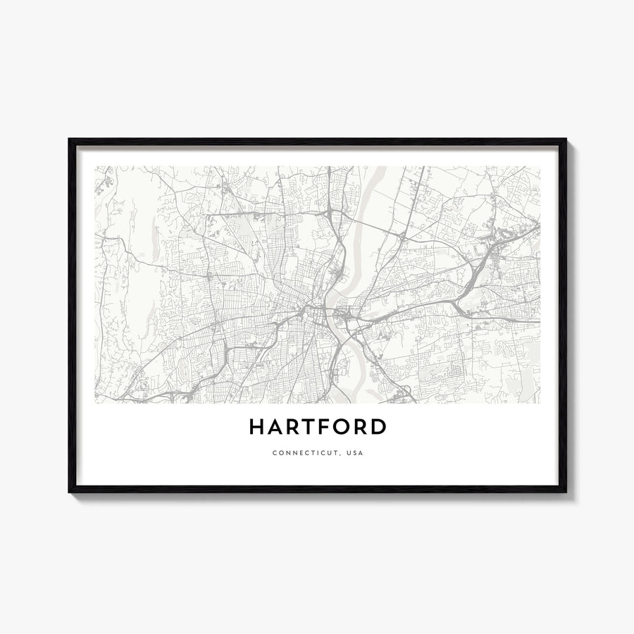 Hartford black & white map poster of Connecticut, USA – horizontal wall art, unframed print shown in interior mockup