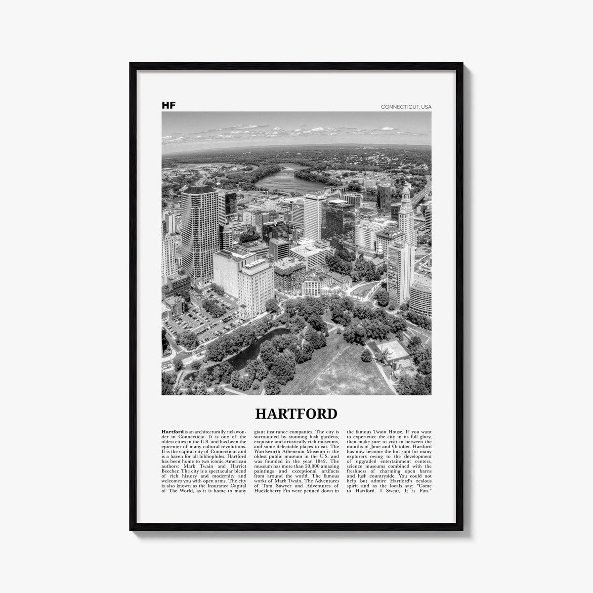 Hartford black & white newspaper poster of Connecticut, USA – vertical wall art, unframed print shown in interior mockup