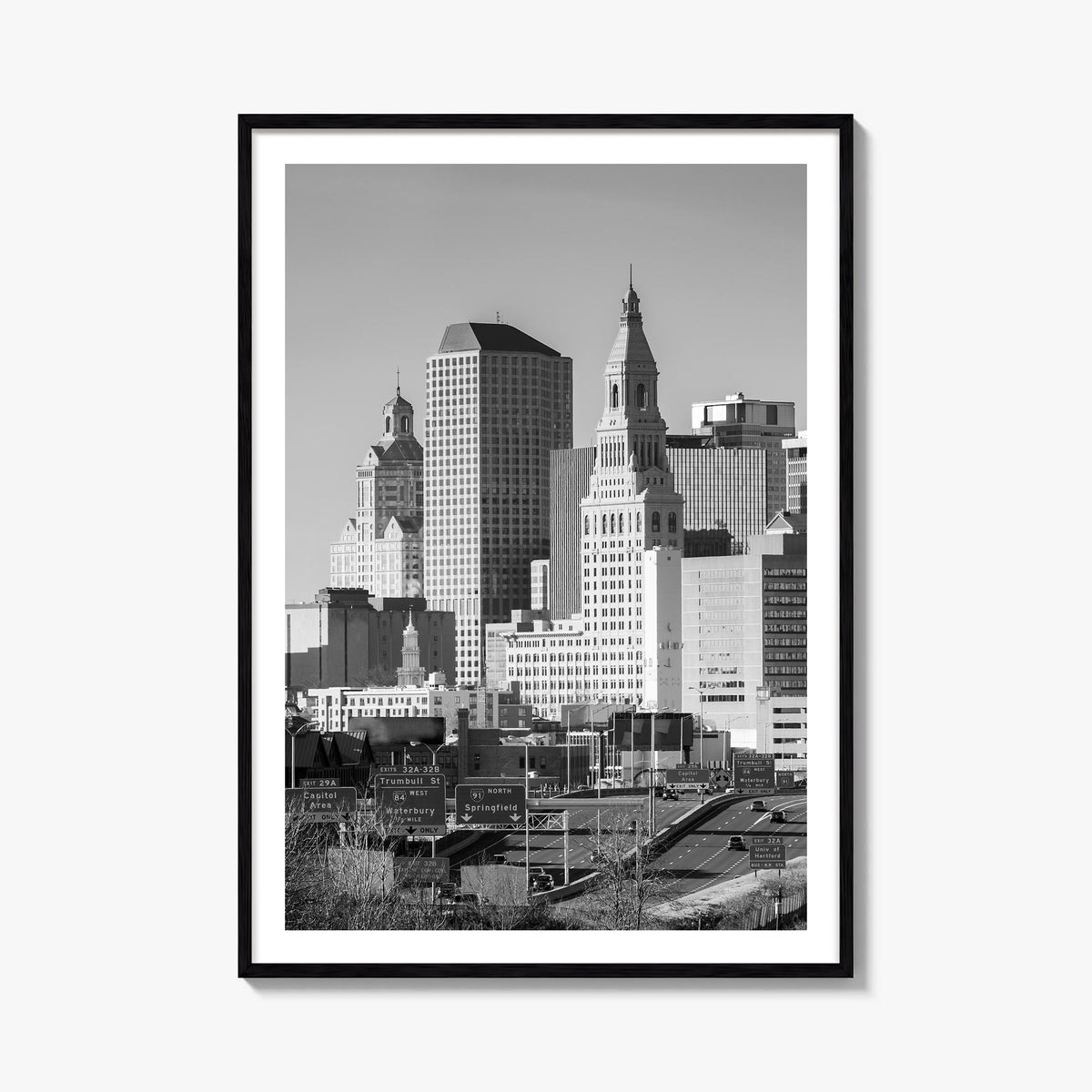 Hartford black & white photo poster of Connecticut, USA – vertical wall art, unframed print shown in interior mockup