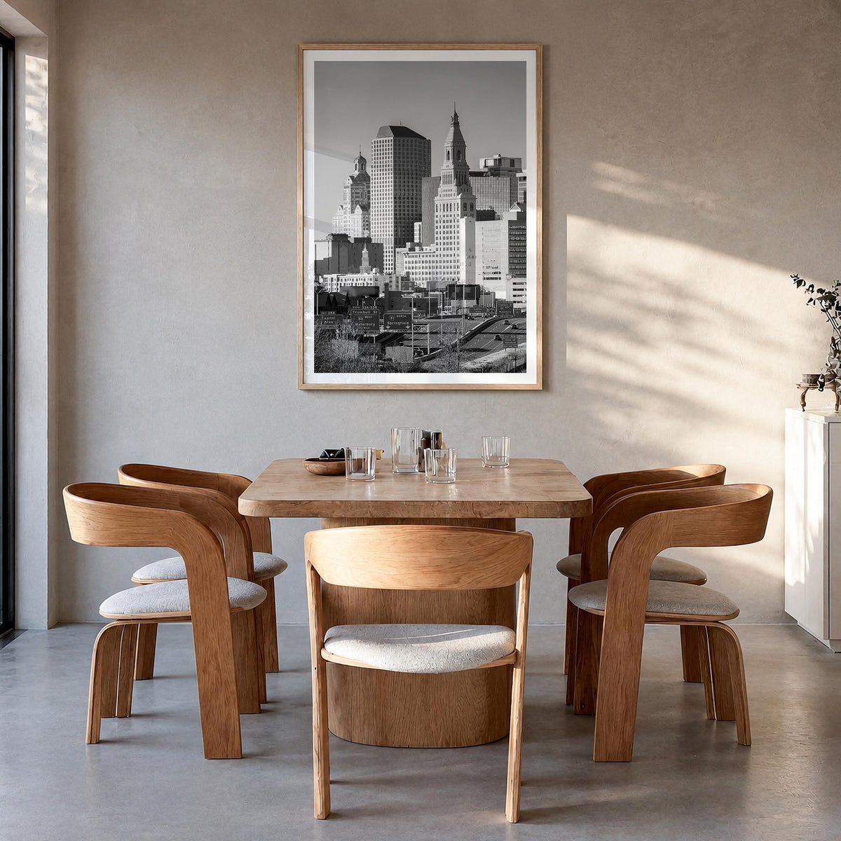 Hartford black & white photo poster of Connecticut, USA – vertical wall art in natural wood frame with white border, hanging 