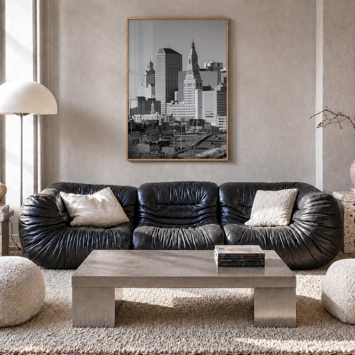 Hartford black & white photo poster of Connecticut, USA – vertical wall art in natural wood frame, hanging on wall