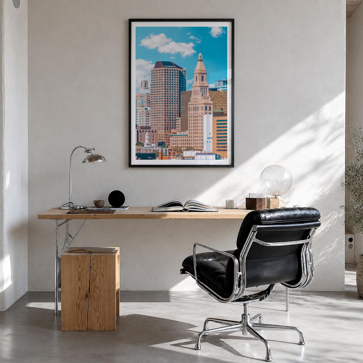 Hartford colorful photo poster of Connecticut, USA – vertical wall art in black wood frame with white border, hanging on wall