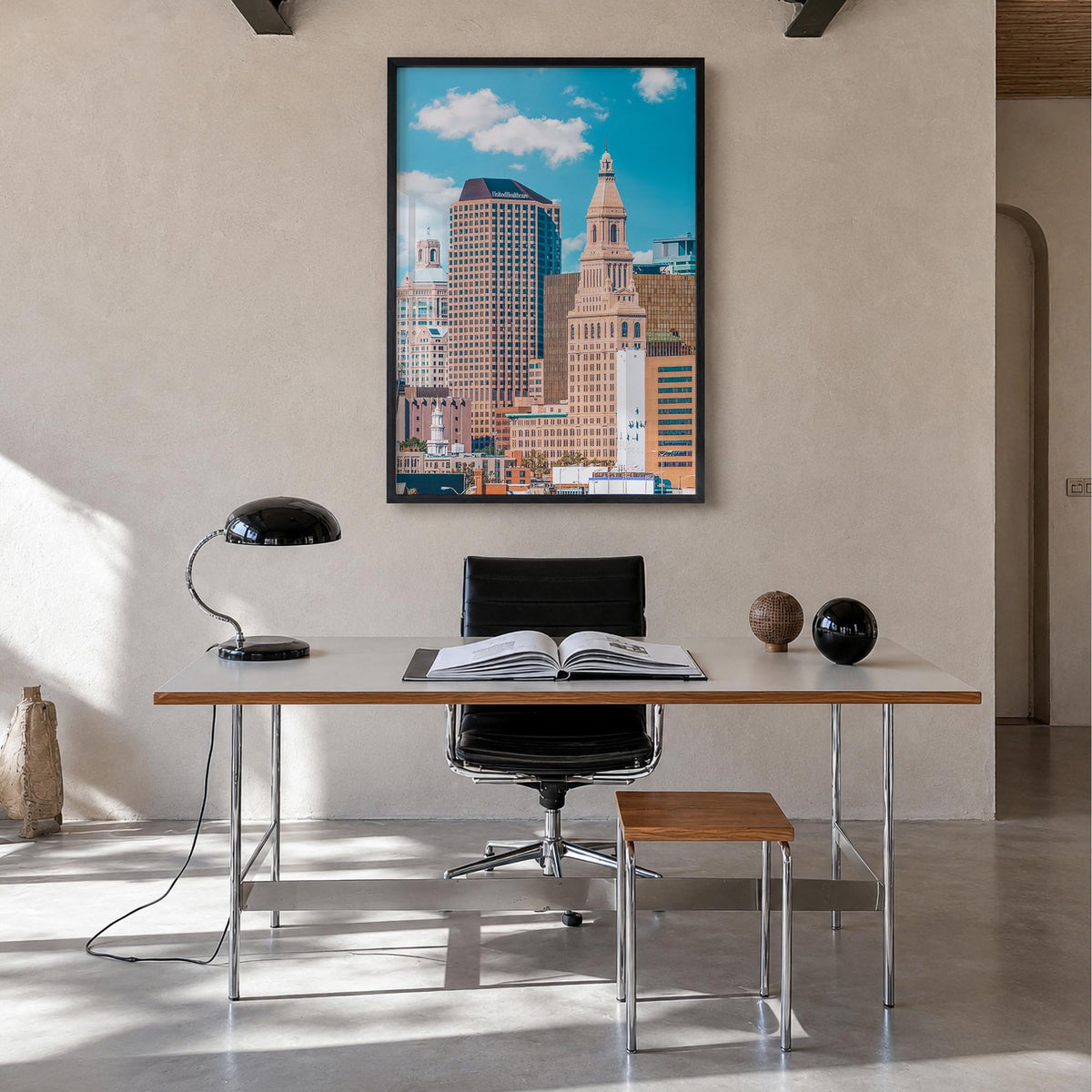 Hartford colorful photo poster of Connecticut, USA – vertical wall art in black wood frame, hanging on wall