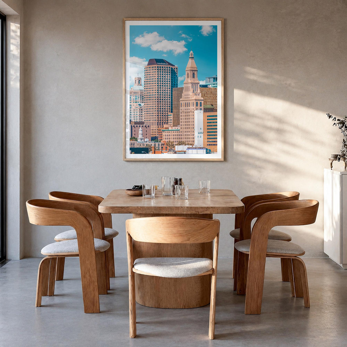 Hartford colorful photo poster of Connecticut, USA – vertical wall art in natural wood frame with white border, hanging on wa