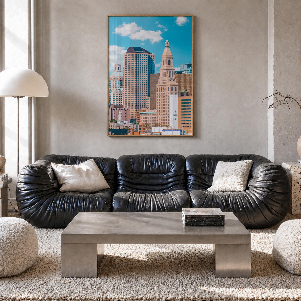 Hartford colorful photo poster of Connecticut, USA – vertical wall art in natural wood frame, hanging on wall