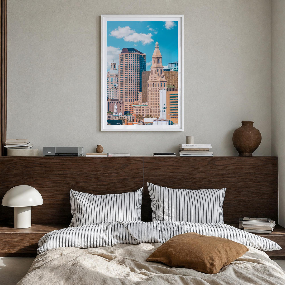 Hartford colorful photo poster of Connecticut, USA – vertical wall art in white wood frame with white border, hanging on wall