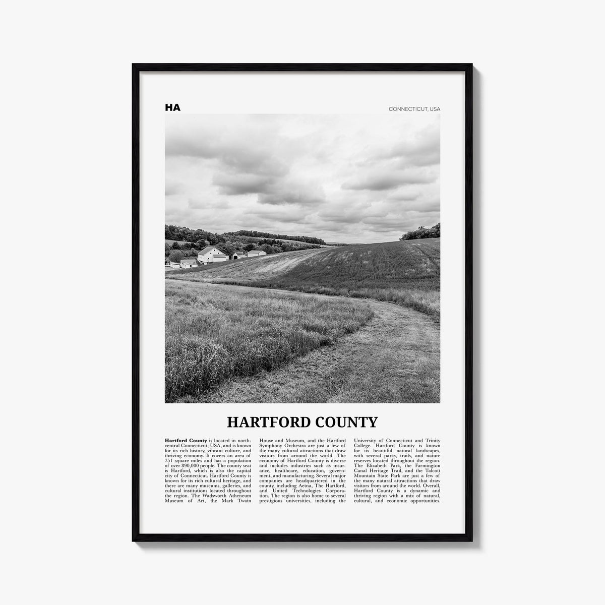 Hartford County black & white newspaper poster of Connecticut, USA – vertical wall art, unframed print shown in interior mock