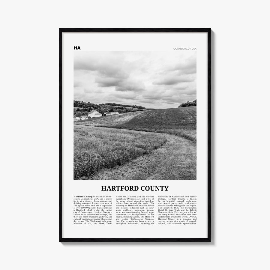 Hartford County black & white newspaper poster of Connecticut, USA – vertical wall art, unframed print shown in interior mock