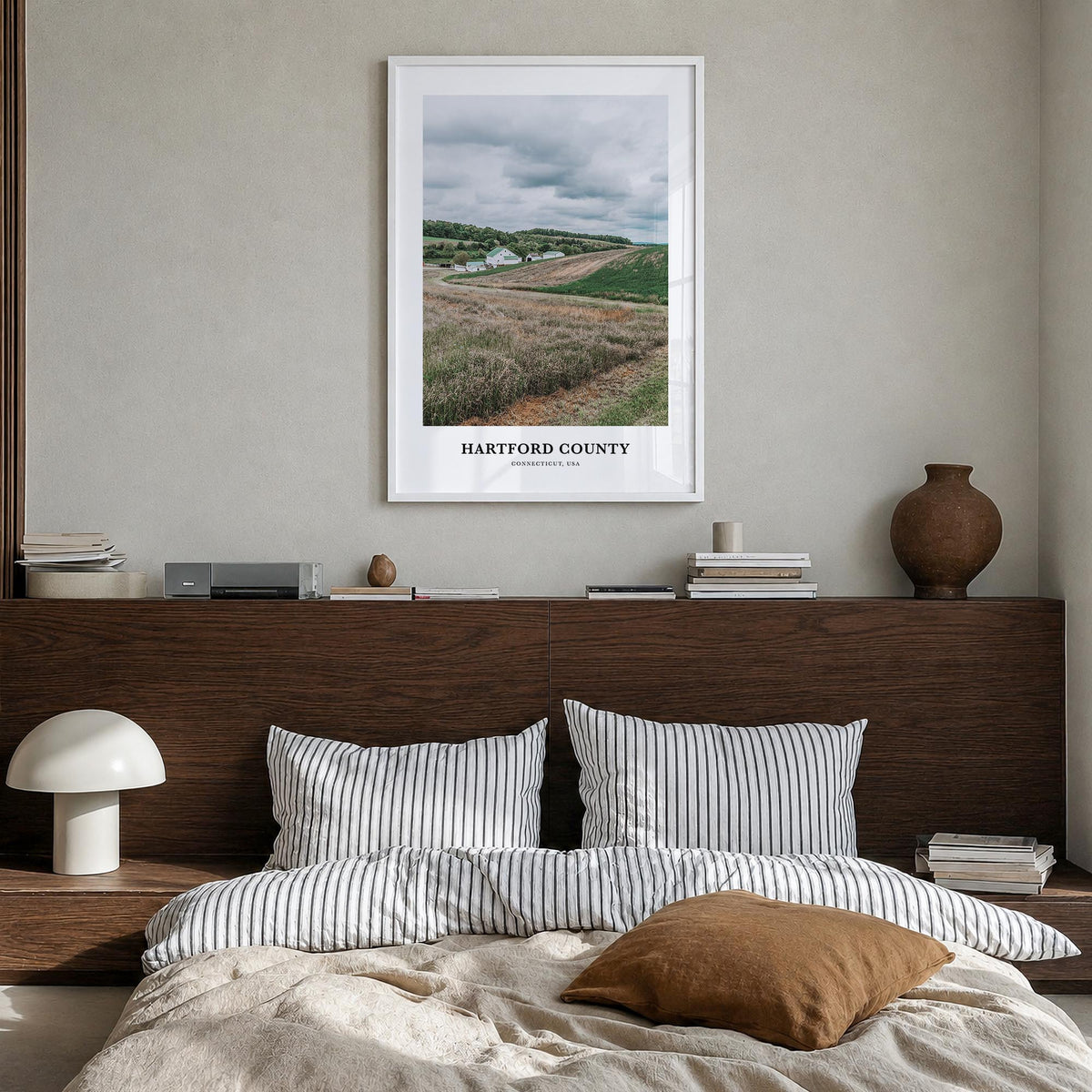 Hartford County colorful classic poster of Connecticut, USA – vertical wall art in white wood frame, hanging on wall