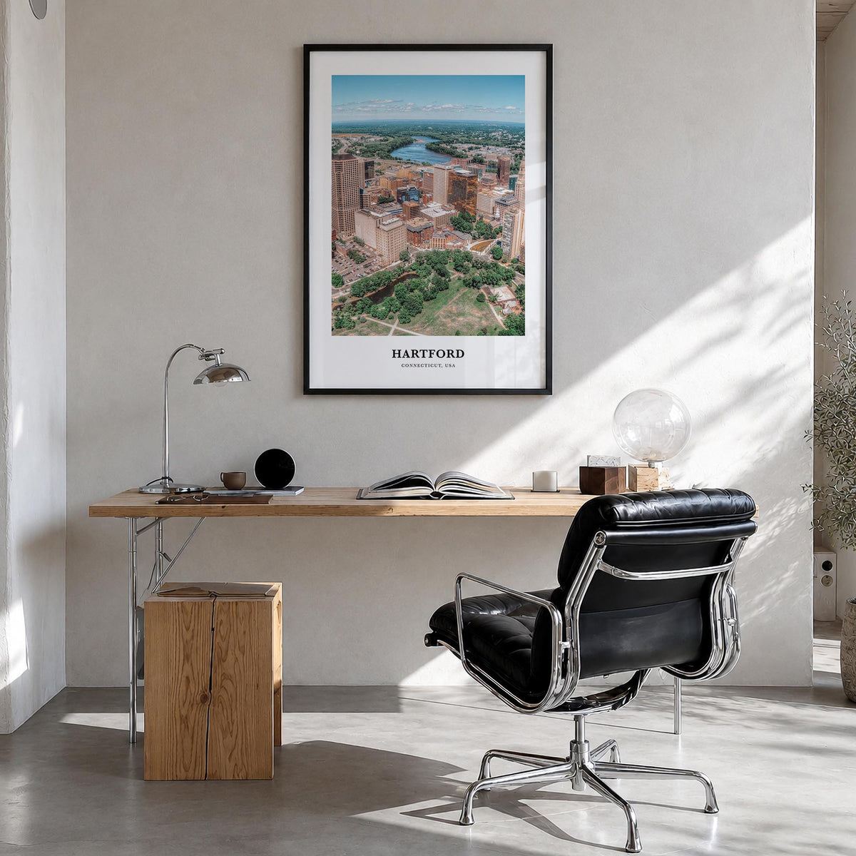Hartford no. 1 colorful classic poster of Connecticut, USA – vertical wall art in black wood frame, hanging on wall