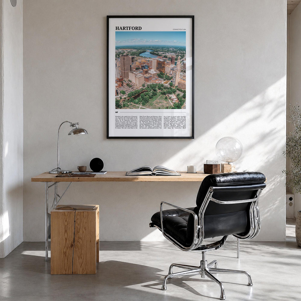 Hartford no. 1 colorful travel poster of Connecticut, USA – vertical wall art in black wood frame, hanging on wall