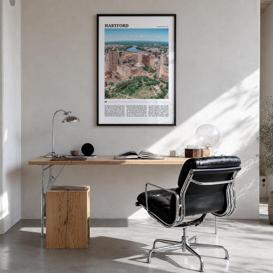 Hartford no. 1 colorful travel poster of Connecticut, USA – vertical wall art in black wood frame, hanging on wall