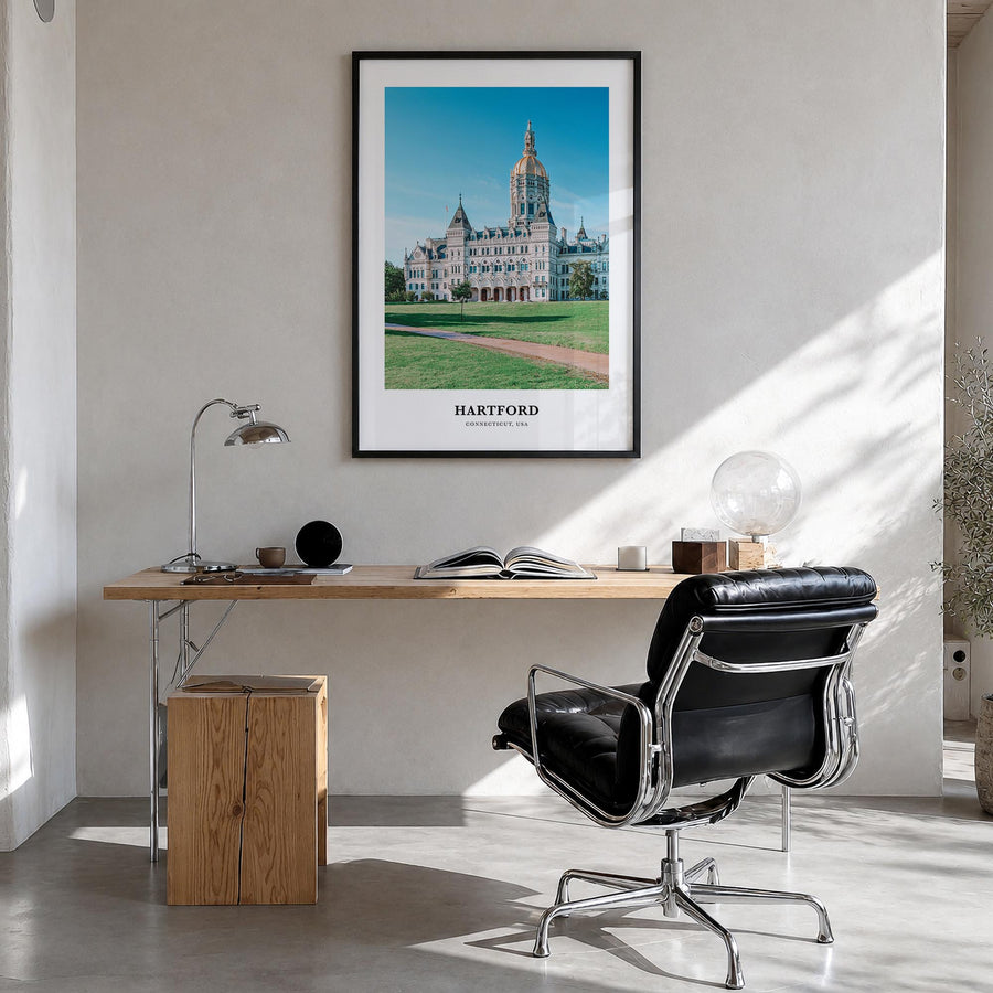 Hartford no. 2 colorful classic poster of Connecticut, USA – vertical wall art in black wood frame, hanging on wall